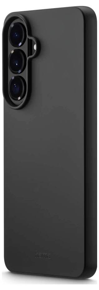 Schwarze Smartphone-Hülle von hinten gezeigt, mit drei vertikal ausgerichteten Kameraausschnitten in der oberen linken Ecke.