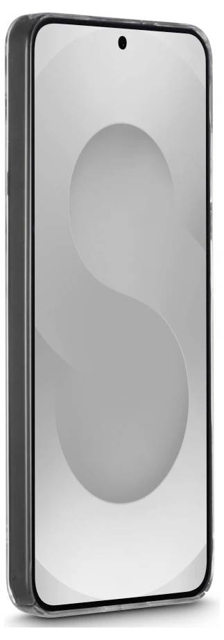 Ein Smartphone mit einem hellgrauen Bildschirm, das eine große abstrakte „S