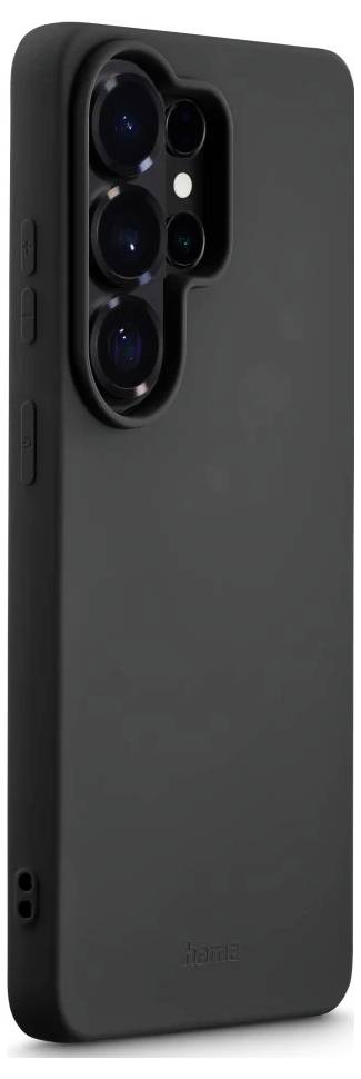 Schwarze Smartphone-Hülle mit erhöbenem Multi-Objektiv-Kameraausschnitt auf der Rückseite, gezeigt in einer Seitenansicht vor weißem Hintergrund.