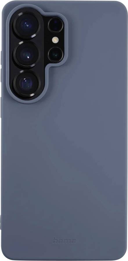 Blaue Smartphone-Hülle von hinten gezeigt, mit einem großen erhabenen Kameraausschnitt für drei Linsen und ein Blitzlicht.