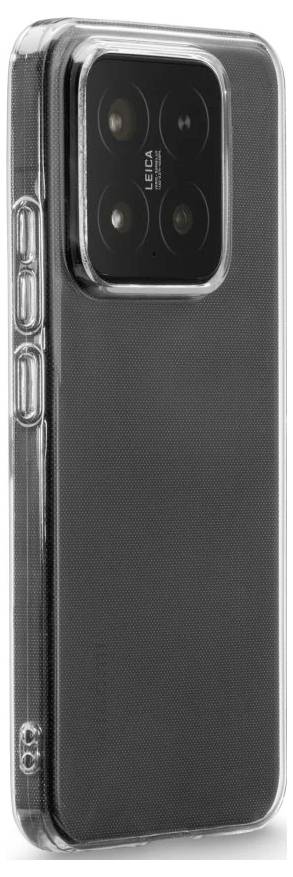 Durchsichtige Handyhülle auf einem Smartphone mit ausgestanztem erhöhtem quadratischen Dreifach-Kamera-Ausschnitt auf der Rückseite.