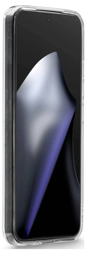 Ein Smartphone in einer transparenten Schutzhülle, aufrecht dargestellt mit einem glänzenden abstrakten dunklen Bildschirmbild.
