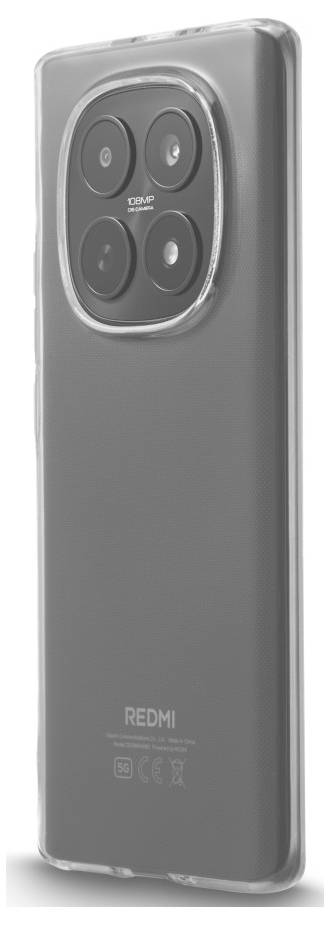 Transparente Schutzhülle auf einem Redmi-Smartphone, das das hintere Quad-Kamera-Modul und das Branding zeigt.