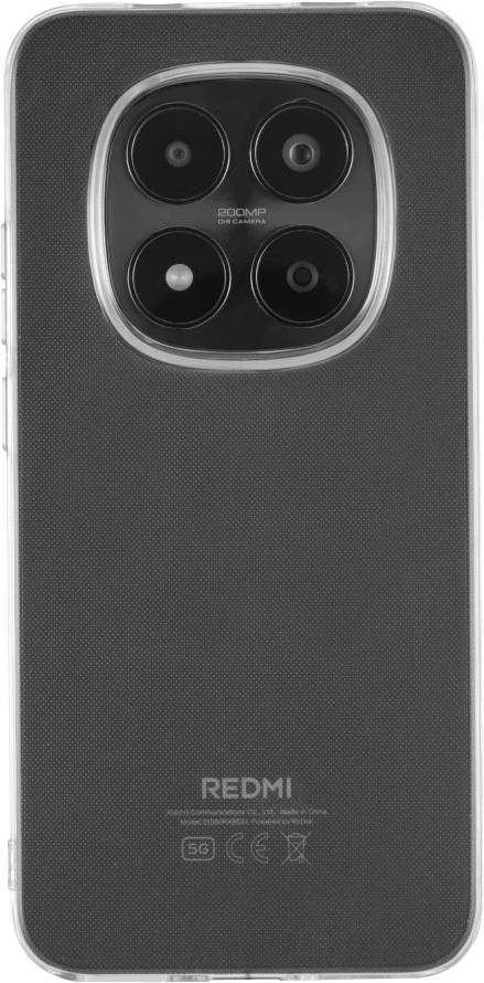 Rückseite eines schwarzen Redmi-Smartphones mit einem quadratischen Vier-Kamera-Modul und Blitzlicht oben, zentriertes Redmi-Branding in der Nähe des unteren Bereichs.