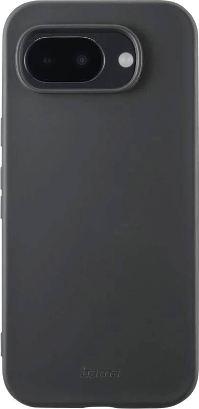 Schwarze Smartphone-Hülle von hinten gezeigt, mit einer erhöhten ovalen Kameraaussparung und einer kleinen kreisförmigen Blitzöffnung in der Nähe der Oberseite.