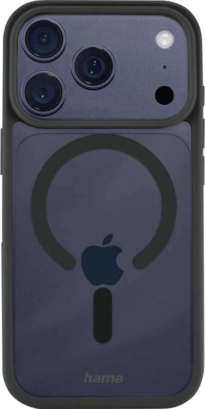 Rückseite eines iPhones in einer dunklen Hama-Hülle mit MagSafe-Ring, der die dreifachen rückwärtigen Kameras und den Blitz zeigt.