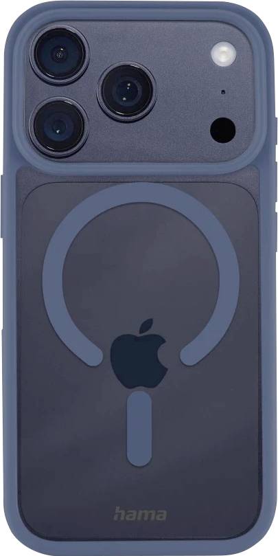 Blaues iPhone-Gehäuse mit drei hinteren Kameraausschnitten und einem zentrierten MagSafe-ähnlichen Ring sowie Apple-Logo auf der Rückseite.