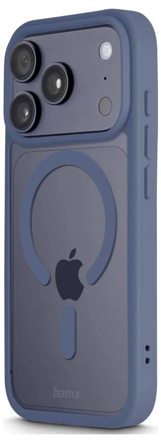 Blauetui für Smartphone mit großem MagSafe-ähnlichem Ring und Apple-Logo-Ausschnitt, dargestellt auf einem Telefon mit drei rückwärtigen Kameras.