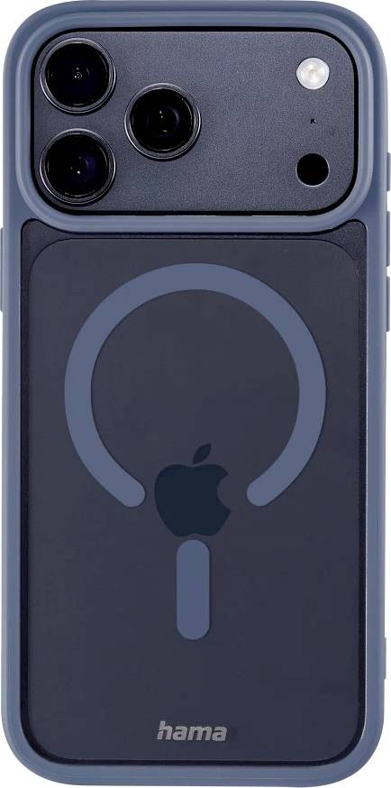 Blaues iPhone mit einer dunklen Hama-MagSafe-Schutzhülle, auf der ein großes kreisförmiges Motiv und das Apple-Logo zu sehen sind.