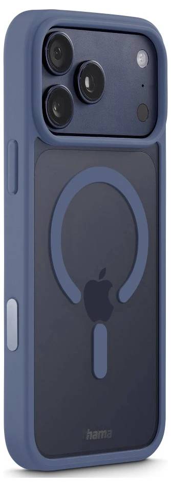 Blaues iPhone-Style-Gehäuse mit MagSafe-Ring und dreifachem Kamera-Ausschnitt, dargestellt in einer Seitenansicht.