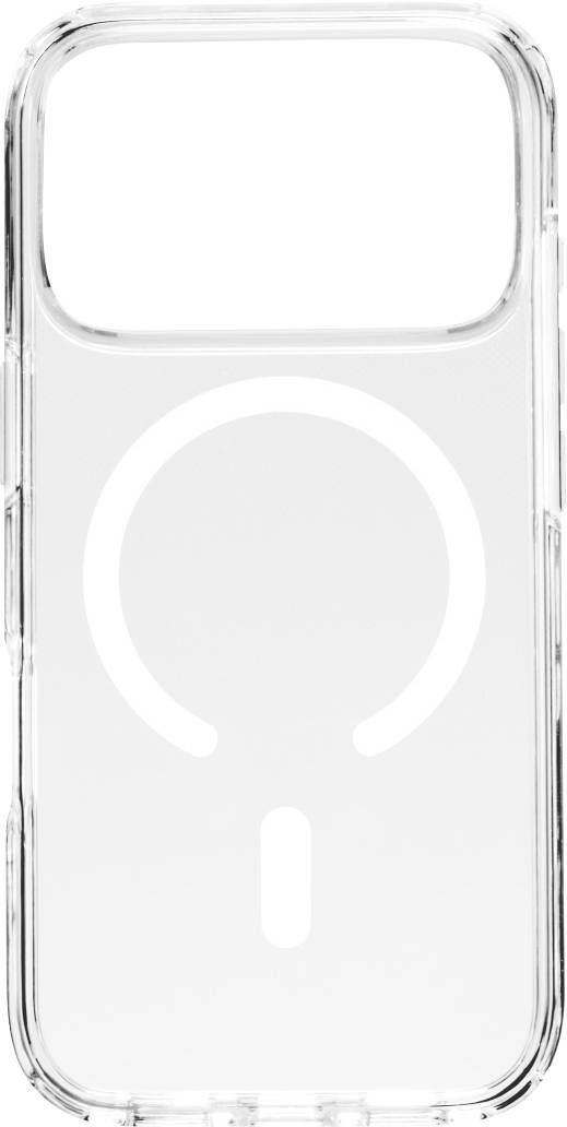 Transparente iPhone-Hülle mit MagSafe-Ring und Tastenaussparung, Vorderansicht auf weißem Hintergrund.