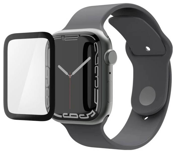 Eine Apple Watch mit schwarzem Band und Schutzhülle, dargestellt mit angehobenem Displayschutz.