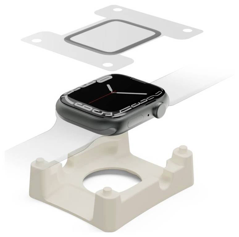 Apple Watch wird auf einem weißen Armband mit einer Montagehalterung und Schutzmanschetten-Komponenten darüber installiert.