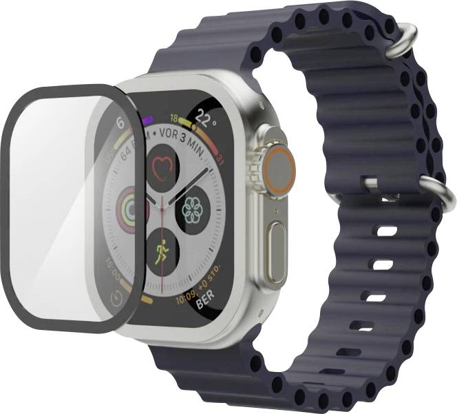 Quadratische Smartwatch mit dunklem perforiertem Armband, abgebildet mit einer Schutzfolie auf weißem Hintergrund.