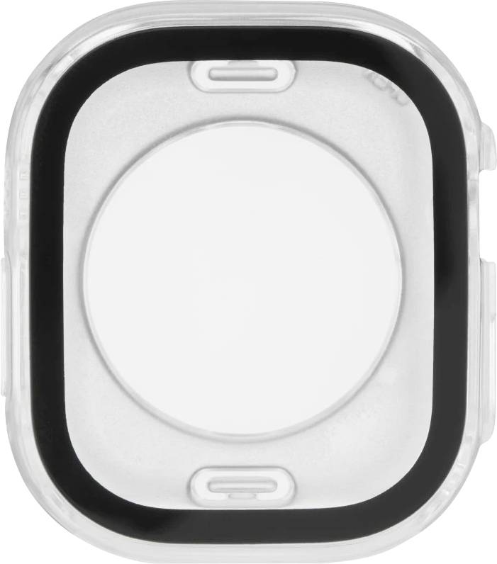 Draufsicht eines transparenten quadratischen Fitness-Tracker-Gehäuses mit einem schwarzen inneren Ring und weißem Mitteleinsatz.