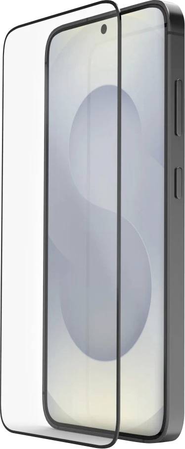 Ein Smartphone mit einer transparenten Schutzhülle und einer Displayschutzfolie, dargestellt in Frontal- und angewinkelter Seitenansicht.