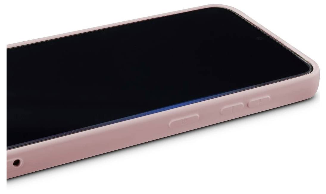 Nahaufnahme eines rosa Smartphones, das mit dem Display nach oben liegt, mit schwarzem Bildschirm und sichtbaren Seitentasten.