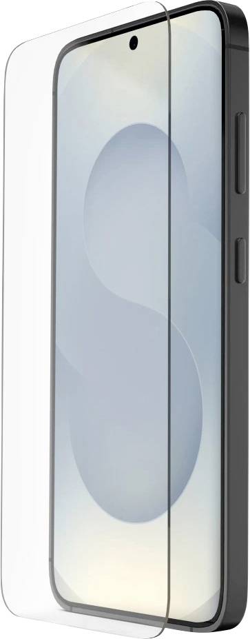 Ein Smartphone, das von vorne und von hinten mit einer transparenten Schutzhülle oder einem Displayschutz dargestellt ist, der das schlanke Design des Geräts hervorhebt.