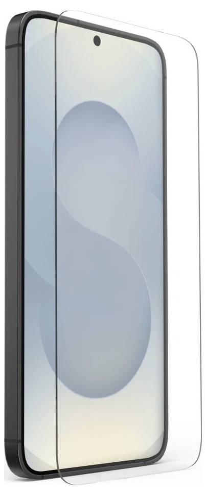 Ein Smartphone mit einer transparenten Schutzfolie für den Bildschirm, das von der Seite gezeigt wird und das großflächige Display und die abgerundeten Kanten hervorhebt.