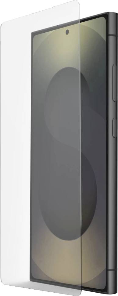 Ein Smartphone, das von vorne und von der Seite gezeigt wird, mit einer transparenten Displayschutzfolie, die über dem Display ausgerichtet ist.