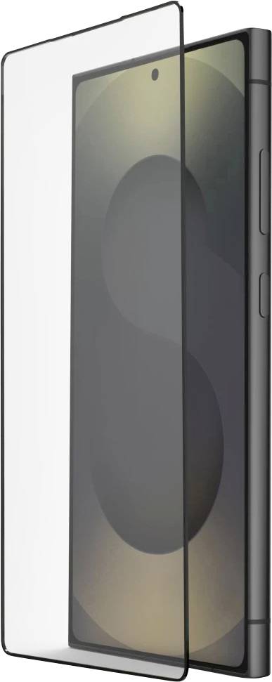 Ein Smartphone, das von vorne und von der Seite gezeigt wird, mit einer transparenten Schutzfolie für den Bildschirm, die über das Display ausgerichtet ist.