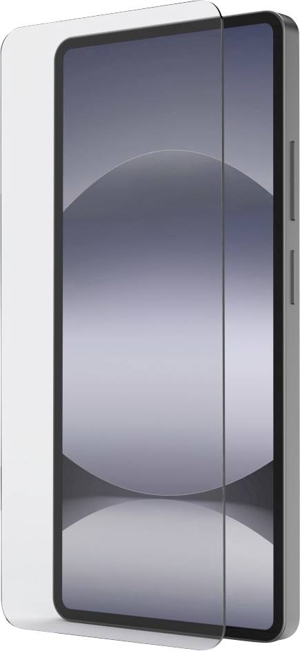 Ein Smartphone in einem schlanken schwarzen Gehäuse mit einer transparenten Displayschutzfolie auf der Vorderseite.