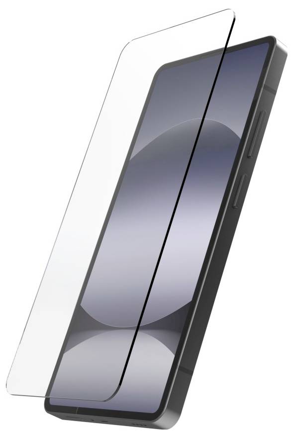 Schwarzes Smartphone in schräger Ausrichtung mit einer klaren Displayschutzfolie, die über dem Display angebracht ist.
