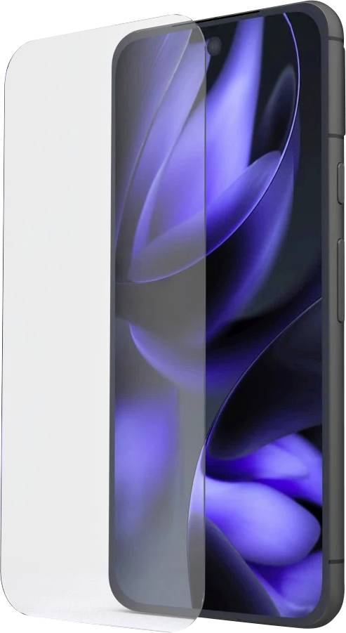 Ein Smartphone mit einem durchsichtigen Schutzgehäuse, in Schrägansicht dargestellt, mit eingeschaltetem Bildschirm und einer blauen abstrakten Tapete.