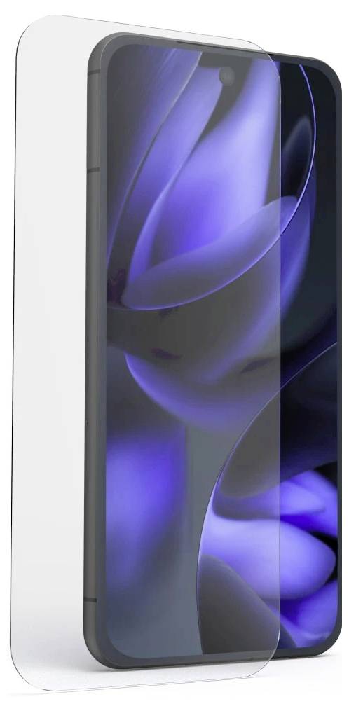 Klarer Displayschutz neben einem Smartphone, das eine transparente Folie zeigt, die über dem Telefondisplay ausgerichtet ist.