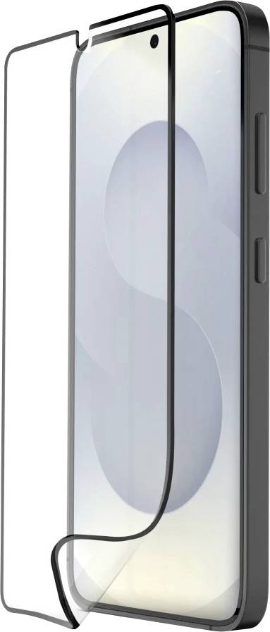 Displayschutzfolie, die teilweise über einem Smartphone abgezogen wird, wobei die Abdeckung und abgerundeten Kanten hervorgehoben werden.