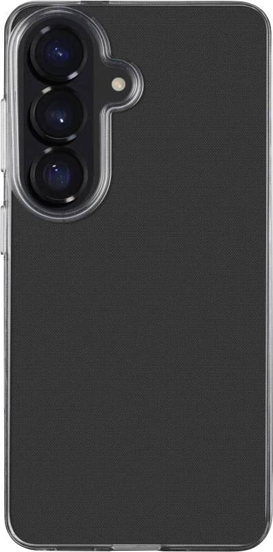 Rückseite eines schwarzen Smartphones in einer transparenten Schutzhülle, mit drei rückwärtigen Kameras und einem Blitz in der oberen linken Ecke.