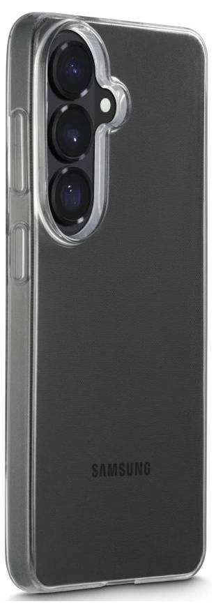 Ein Samsung-Smartphone in einer durchsichtigen Schutzhülle, von hinten gezeigt mit einem dreifachen Kameramodul auf der Rückseite.