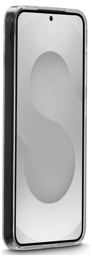 Vorderansicht eines schwarzen Smartphones mit silbernem Bildschirm, auf dem eine schwache abstrakte S-förmige Grafik zu sehen ist.