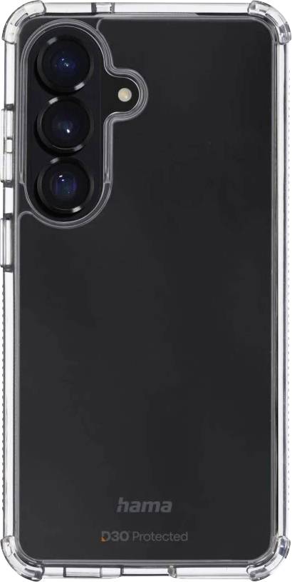 Schwarze Smartphone-Schutzhülle mit transparentem Stoßschutz und dreifachem Kameraausschnitt auf der Rückseite, gezeigt von hinten mit 
