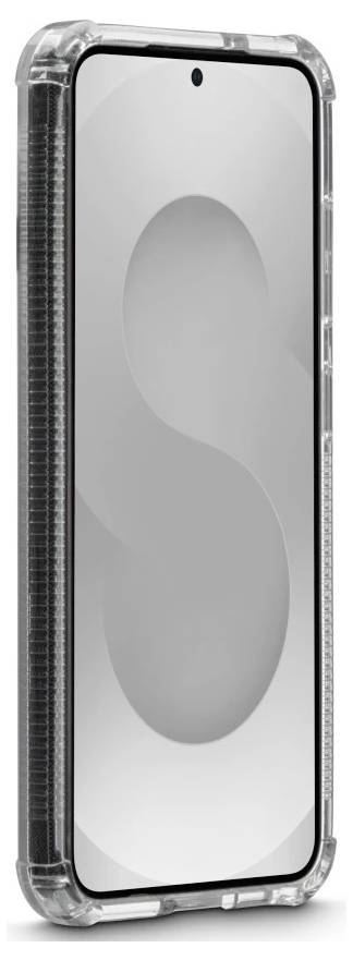 Transparente Smartphone-Hülle mit grauem S-förmigen Einsatz von der Seite gezeigt, wobei das schützende Stoßfänger-Design hervorgehoben wird.