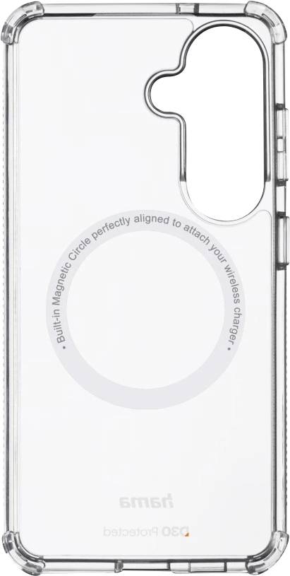Durchsichtige Handyhülle mit kreisförmigem MagSafe-Ring und erhöhter Kameraaussparung; der Text lautet: „Der eingebaute Magnetkreis ist perfekt ausgerichtet, um Ihr kabelloses Ladegerät anzubringen.