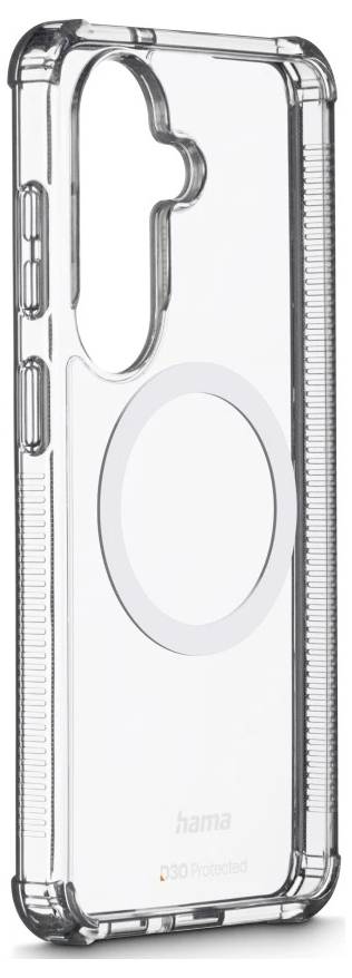 Transparente Schutzhülle für Telefon mit großem kreisförmigem MagSafe-ähnlichem Ring und Ausschnitten für Tasten und Kamera.