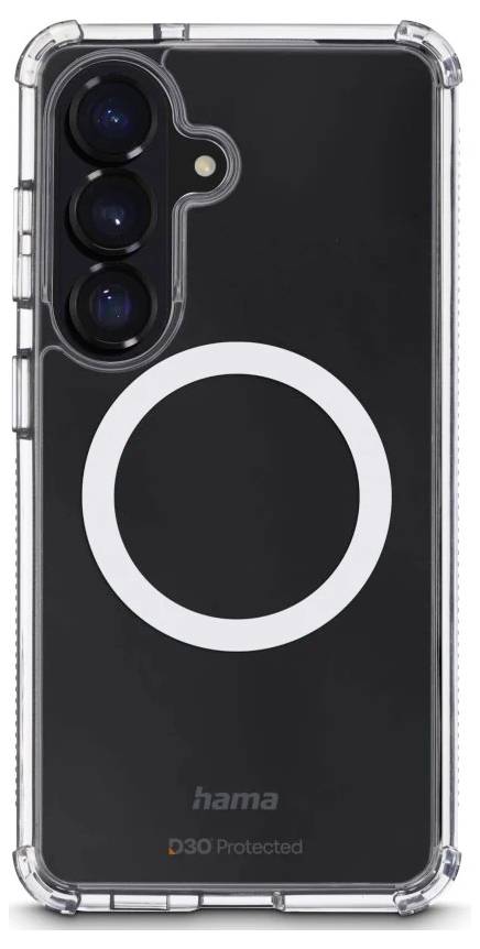 Transparente Schutzhülle für Smartphone mit schwarzer Rückseite und großer weißer Ringgrafik, mit Aussparungen für dreifache Rückenkamera und Hama-Logo