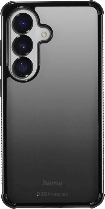 Schwarze Schutz-Smartphone-Hülle von hinten gezeigt, mit drei großen Kameraausschnitten und erhöhter Stoßkantenkante; „hama
