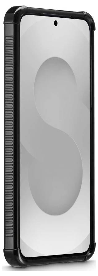Schwarze robuste Handyhülle mit transparentem Rückpanel, das ein großes S-förmiges Design zeigt.