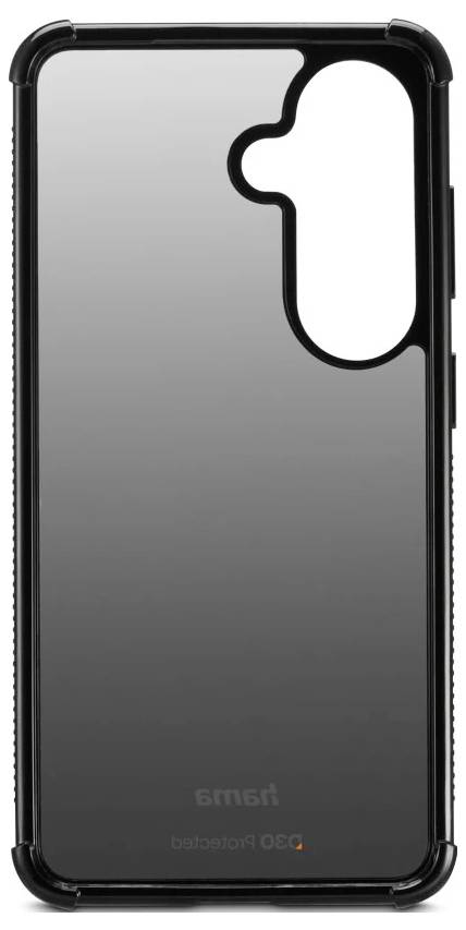 Schwarzes iPhone-Case mit transparenter Rückseite und großem Kameraausschnitt, von hinten gezeigt.