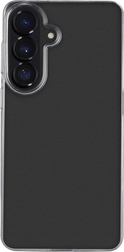 Schwarze Smartphone-Hülle mit erhabener dreifacher Kameraaussparung und silbernem Rand auf der Rückansicht.