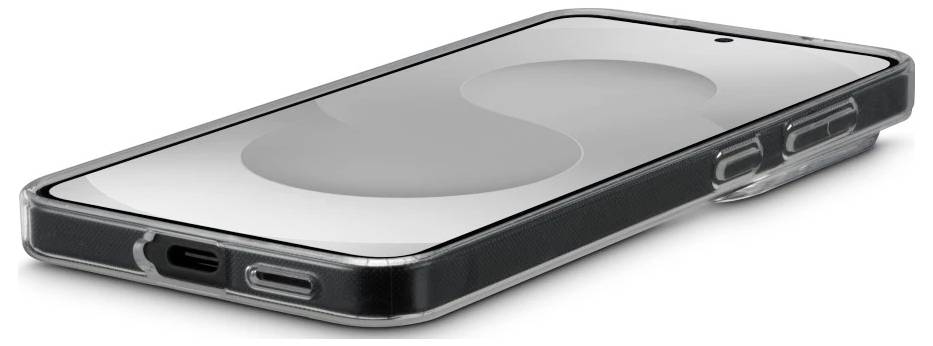 Schwarze Smartphone-Hülle mit großem kreisförmigem MagSafe-ähnlichem Ausschnitt auf der Rückseite und Seitenknopf-Öffnungen, in Perspektive dargestellt.
