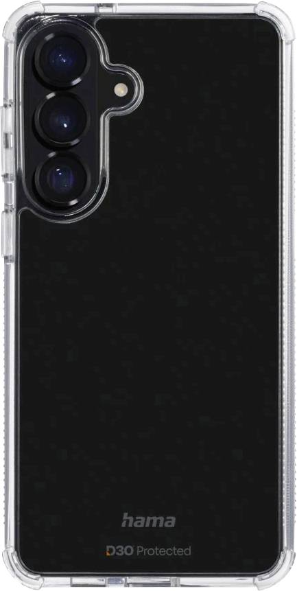 Schwarze Smartphone-Schutzhülle mit transparentem Stoßfänger und drei Kameraausschnitten auf der Rückseite, mit der Beschriftung „hama 360 Protected