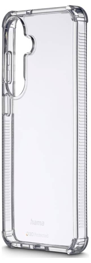 Durchsichtige Schutzhülle für Telefon mit erhöhten Rändern und seitlichen Griffen, dargestellt in transparenter Ansicht auf weißem Hintergrund.