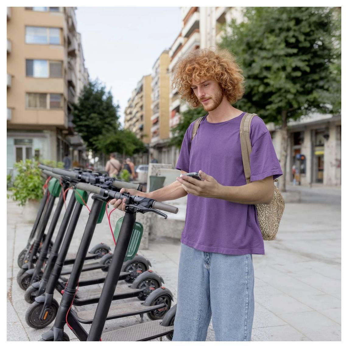 Junger Mann mit lockigem Haar schaut auf sein Telefon neben einer Reihe geparkter E-Scooter auf einem Gehweg in der Stadt.