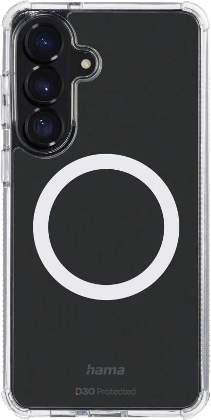 Schwarze Smartphone-Schutzhülle mit klaren Kanten und großem weißem kreisförmigem MagSafe-ähnlichem Ring, zeigt dreifachen Kamera-Ausschnitt und Hama-Branding