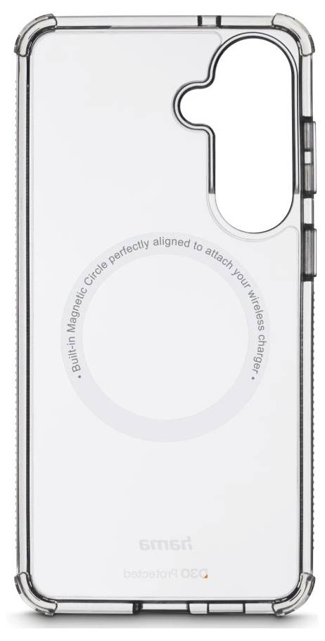 Transparente Schutzhülle für Telefone mit integriertem MagSafe-Ring und erhöhtem Kameraausschnitt, gezeigt auf weißem Hintergrund.