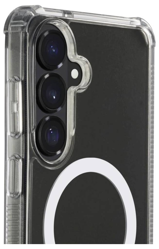 Transparente Handyhülle mit integriertem MagSafe-Ring und erhöhtem Triple-Kamera-Ausschnitt auf einem Smartphone.
