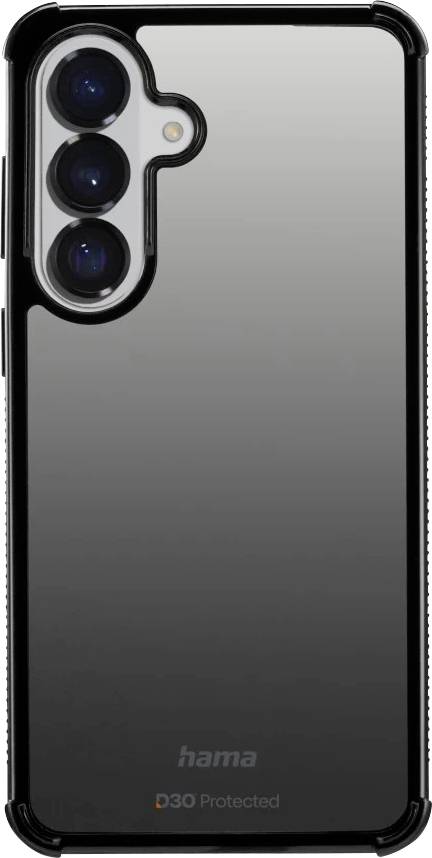 Schwarze Smartphone-Hülle mit erhöhten Kanten und dreifachem Ausschnitt für Rückkamera, mit den Beschriftungen „hama